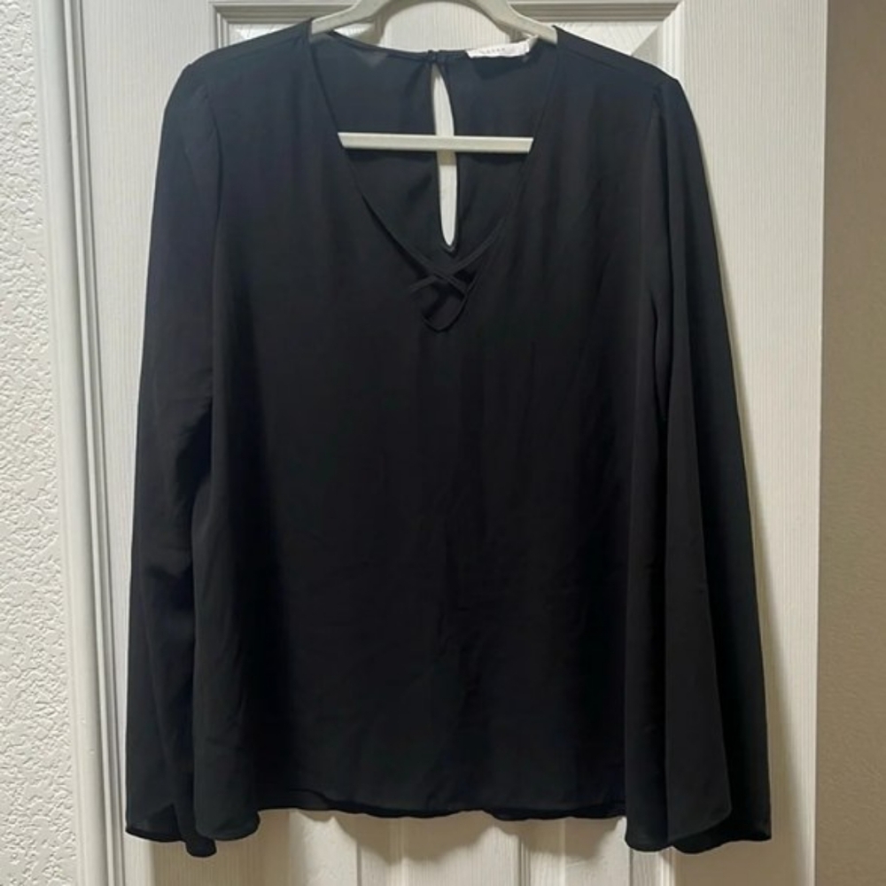 Black Long Sleeve Cross-Bust Detail Flowy Blouse
